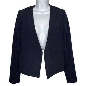 Theory Lanai Blazer Jacket Size 2 Navy Blue Check Stretch Crepe Wool Open Front